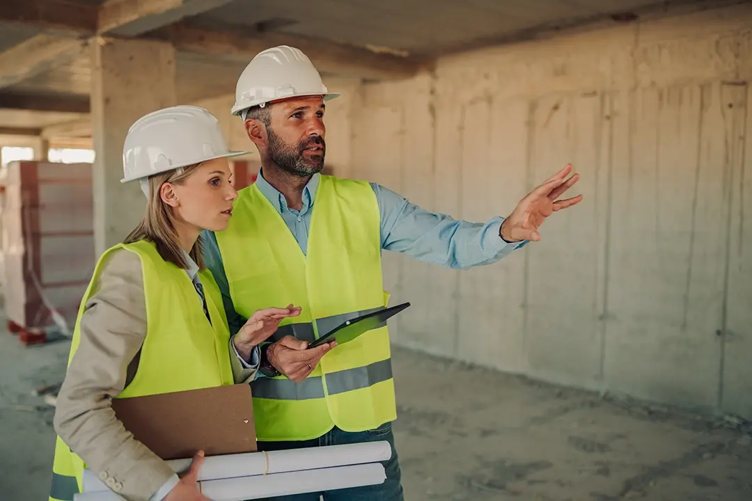 Construction professionals reviewing site plans for employee benefits support